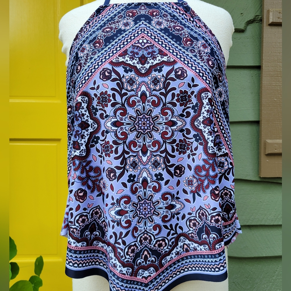 Kona Sol Halter Tankini Top Size L Boho Bandana Print Removable Pads - Picture 2 of 10